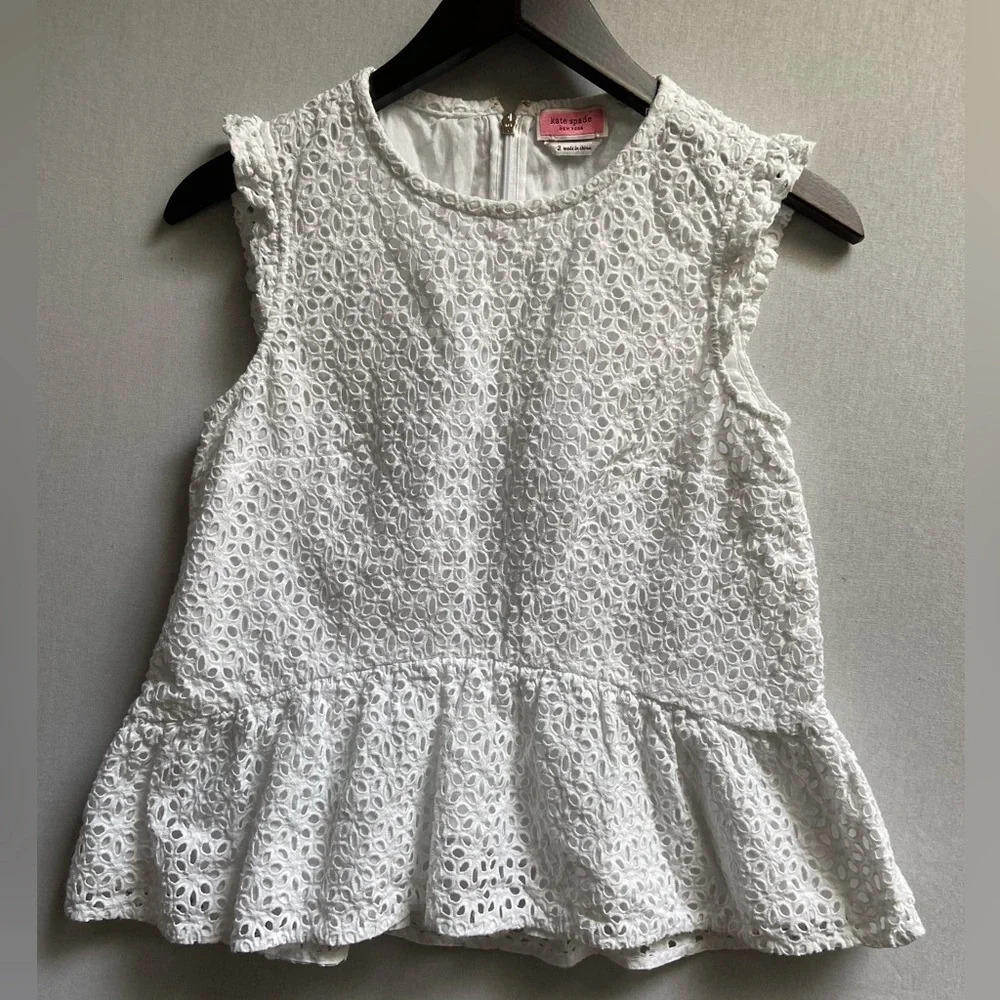 Kate Spade White Eyelet Flounce Peplum Top Cotton Sleeveless Sz XS